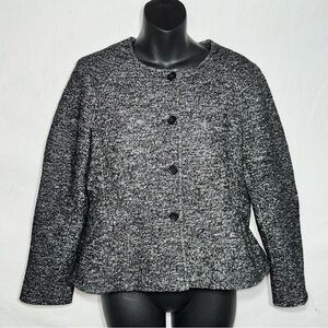 Ann Taylor Petite Blazer 10P Gray Black Textured Knit Button Front Peplum Jacket